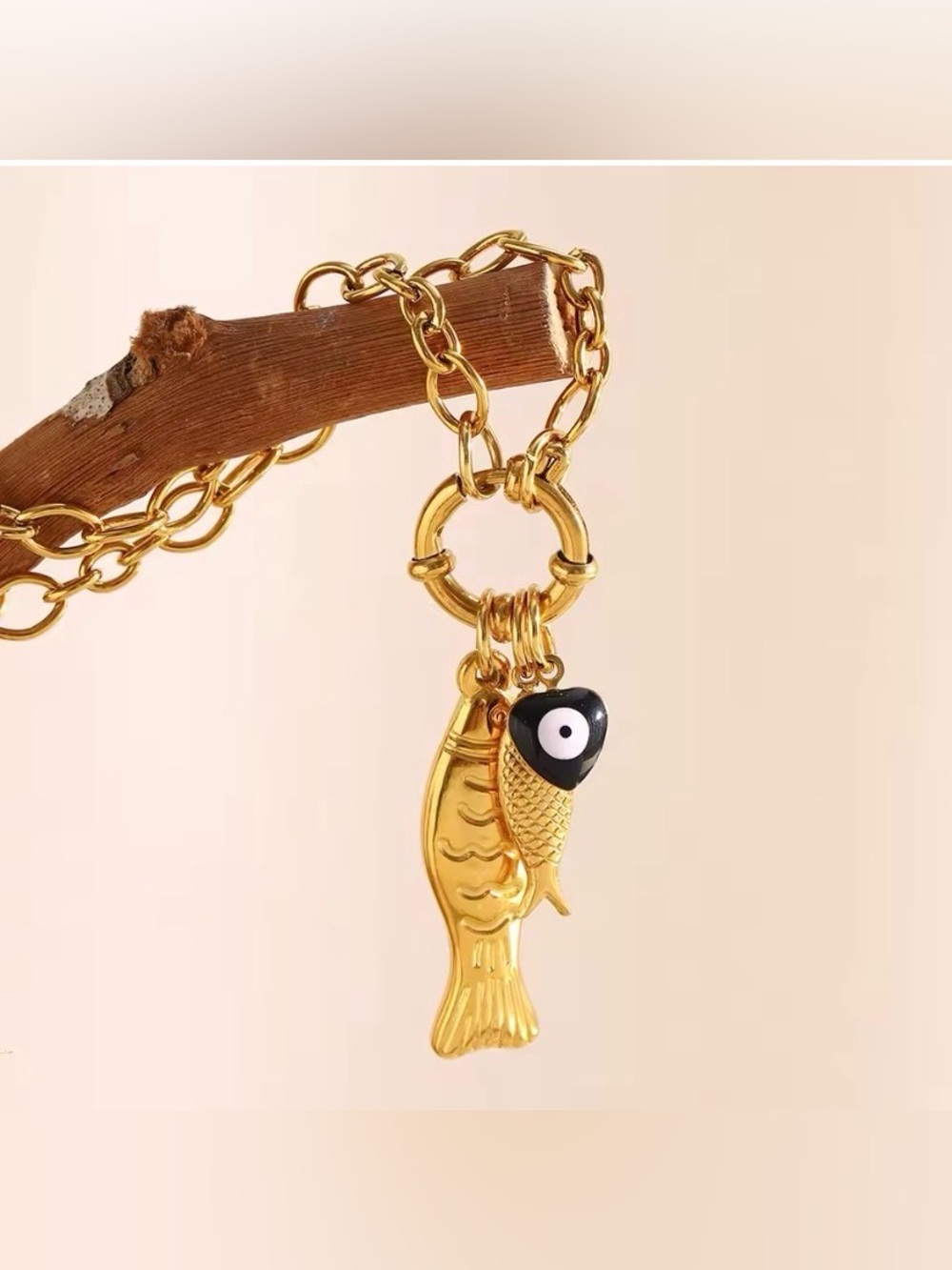 Double fish heart pendant Chain Necklace 18K gold filled